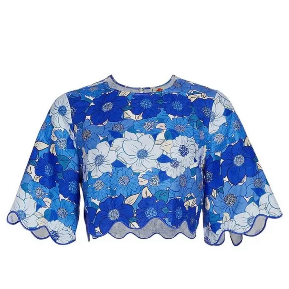 Farm Rio Blue Flower Stripes Crop Top - 100% Linen